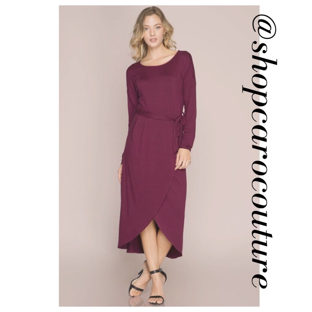 5⭐️ Long Sleeve Midi Dress with Tulip Hem - PLUM purple